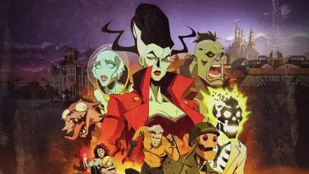 Creature Commandos 2K Quad HD PC desktop wallpaper/background: stylized monstrous squad led by a vampiric commander standing before a burning town with an ominous castle on the horizon.