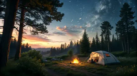 A serene tent camping scene under a starry sky, featuring a cozy campfire surrounded by trees and mountains at sunset, captured in stunning 4K Ultra HD.