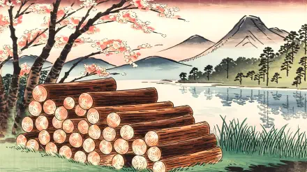 A serene landscape features a stack of firewood beside a tranquil lake, with cherry blossoms and mountains in the background. Perfect as a 4K Ultra HD desktop wallpaper.