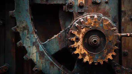 Close-up of rusty machinery with a worn gear, showcasing intricate details and textures. This image serves as a striking 4K Ultra HD PC desktop wallpaper and background.