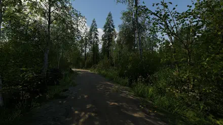 A serene forest path surrounded by lush greenery, capturing the essence of nature in the Finnish Cottage Simulator. This HD wallpaper invites tranquility and exploration.