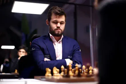 Magnus Carlsen, the renowned chess player, is deep in thought during a match, with chess pieces in front of him. This HD wallpaper captures the intensity of competitive chess.
