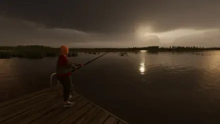 A scene from Finnish Cottage Simulator, featuring a person fishing on a dock at sunset. The tranquil lake reflects the dramatic clouds and surrounding nature, creating a serene atmosphere.