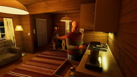 A cozy interior scene from the video game Finnish Cottage Simulator, featuring a man cooking in a warmly lit cabin with wooden walls and a rustic dining area visible in the background.