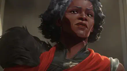 Portrait of Ambessa from the video game League of Legends — Arcane: resolute gaze, gray-streaked hair, red cloak, dramatic lighting. 4K Ultra HD PC desktop wallpaper.