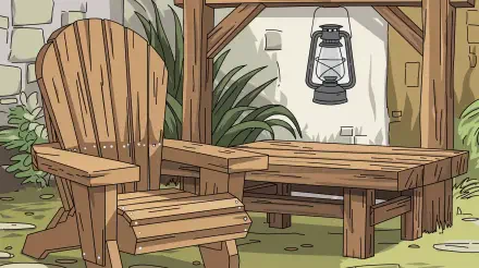 A rustic wooden chair and table sit beneath a lantern, surrounded by lush greenery, creating a serene outdoor setting. This 4K Ultra HD wallpaper captures a tranquil atmosphere.