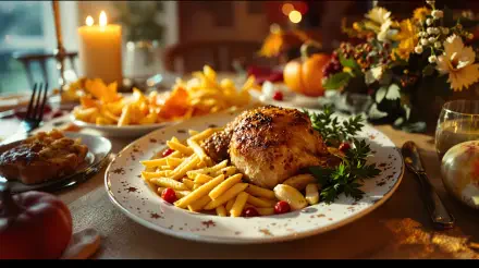 A beautifully arranged Thanksgiving dinner featuring a roasted chicken on a plate of fries, surrounded by autumn decor, candles, and festive dishes, set in a warm, inviting atmosphere.