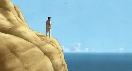 A scene from the movie The Red Turtle, featuring a solitary figure standing on a rocky cliff, gazing out over a serene ocean under a clear blue sky. 4K Ultra HD background.