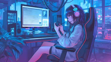 Aesthetic gaming wallpaper featuring a serene anime girl in a cozy gaming setup, illuminated by vibrant blue and pink lights, immersed in a lofi atmosphere. Ideal for desktop backgrounds.