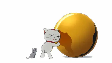 Anime-style HD desktop wallpaper featuring Turbo Granny from Dandadan, with a playful cat pushing a large, shiny golden orb on a white background.