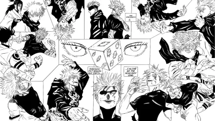 Dynamic black and white collage from Jujutsu Kaisen, featuring Satoru Gojo and Sukuna in an intense battle, set against a patterned background, perfect for a HD desktop wallpaper.