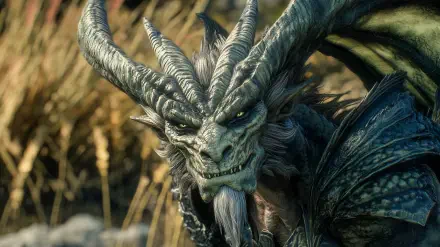 Close-up of a fierce Dragonborn monster with intricate details and powerful horns, set against a natural background, ideal for an HD PC desktop wallpaper and background.