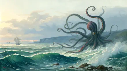 A colossal kraken rises from ocean waves near a ship, its massive octopus tentacles swirling under a cloudy sky in this 4K Ultra HD desktop wallpaper.