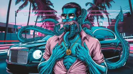 A vibrant 4K Ultra HD PC desktop wallpaper featuring a muscular man with an octopus intertwined around him, set against a sleek car and palm trees in a colorful urban backdrop.