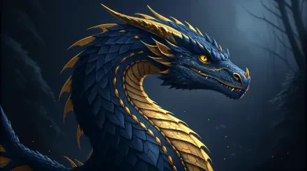 A majestic blue and gold dragon, intricately detailed with shimmering scales and fierce eyes, set against a dark, mystical background, perfect as a 4K Ultra HD PC desktop wallpaper.