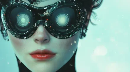 A close-up of a woman cyberneticist wearing futuristic goggles, set against a soft blue background, capturing a sci-fi aesthetic in 4K Ultra HD resolution.