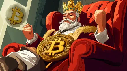 A regal figure sits on a lavish red chair, adorned with a gold Bitcoin medallion and a crown, embodying the dominance of cryptocurrency in a vibrant 4K Ultra HD wallpaper.