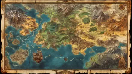 Detailed fantasy map displaying diverse landscapes, including mountains, forests, and seas, accompanied by an ornate ship, designed as a 4K Ultra HD PC desktop wallpaper.