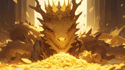 A majestic dragon adorned with a crown rests atop a mound of sparkling treasure, bathed in warm, golden light. This captivating fantasy scene makes an impressive 4K Ultra HD desktop wallpaper.