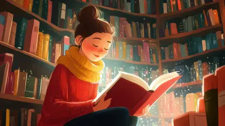 A cozy scene of a girl reading a book in a warmly lit library filled with books, featuring a peaceful ambiance. This 4K Ultra HD wallpaper captures the joy of reading.