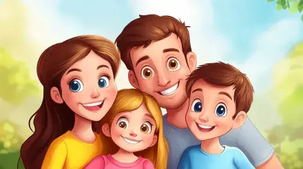 A vibrant illustration of a happy family, featuring four smiling members with bright eyes, set against a cheerful background, perfect for a 4K Ultra HD desktop wallpaper.