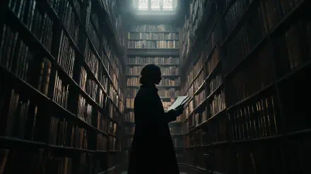 A silhouette of a person reading in a vast, dimly lit library, surrounded by towering bookshelves, embodying the essence of dark academia. 4K Ultra HD wallpaper background.