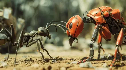 A detailed 4K Ultra HD sci-fi desktop wallpaper depicting a close encounter between a natural ant and a futuristic robotic ant, blending nature with advanced technology.