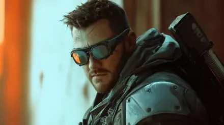 A gritty mercenary with dark sunglasses and a tactical outfit stands resolutely, exuding a strong presence in a striking 4K Ultra HD wallpaper.