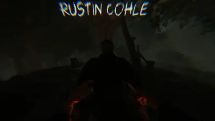 A dark, atmospheric HD wallpaper featuring a character named Rustin Cohle, set against a mysterious forest backdrop, embodying themes from the video game NO STRANGERS.