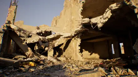 A high-definition desktop wallpaper depicting a destroyed building, featuring rubble and debris, inspired by the action and realism of the video game Delta Force.