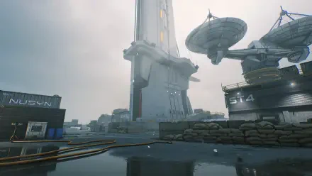 A high-definition desktop wallpaper featuring a futuristic scene from the video game Delta Force, showcasing a towering structure and satellite dishes in an atmospheric setting.