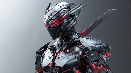 A detailed 4K Ultra HD cyberpunk robot samurai clad in sleek, futuristic armor with glowing red accents against a neutral background.