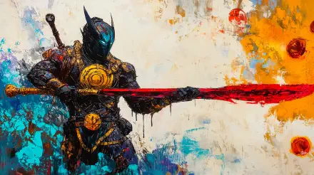 A striking sci-fi psionic warrior stands poised with a red energy weapon, set against a vibrant abstract background of bold colors. A dramatic 4K Ultra HD desktop wallpaper.