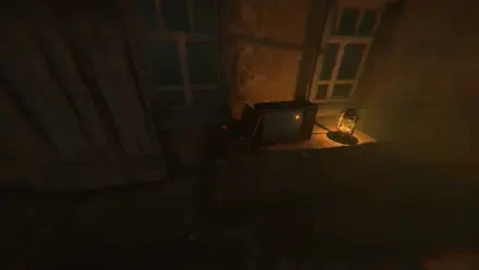 A moody HD PC desktop wallpaper for the video game NO STRANGERS, featuring a dimly lit room with an old television and a lantern casting warm light.