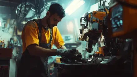 A focused mechanic in a workshop meticulously works on machinery, surrounded by tools and equipment, showcasing a dynamic atmosphere in this 4K Ultra HD desktop wallpaper.