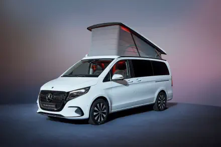 A sleek Mercedes-Benz V-Class Marco Polo is displayed, featuring a distinct pop-up roof against a stylish backdrop, showcasing its modern design in vibrant 4K Ultra HD quality.