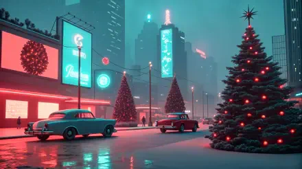 A vibrant Christmas scene featuring retro cars and decorated trees, set against a bustling neon cityscape, captured in stunning 4K Ultra HD for a unique desktop wallpaper.