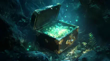 A captivating HD PC desktop wallpaper showcasing a magical treasure chest filled with glowing treasures, set against a mystical, enchanting backdrop of dark woods and ethereal light.