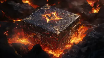 A detailed and vibrant HD wallpaper depicting Pandora's Box, surrounded by fiery elements and dark rocky textures, creating a dramatic and immersive background.