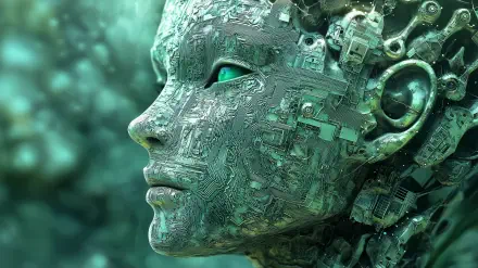 A detailed, metallic robot face with glowing eyes, reflecting themes of sci-fi and an AI uprising, serves as an engaging HD desktop wallpaper and background.