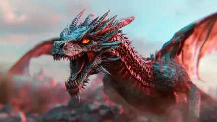 HD PC desktop wallpaper of a fierce wyvern with sharp spikes and glowing eyes, set against a misty, mountainous background.