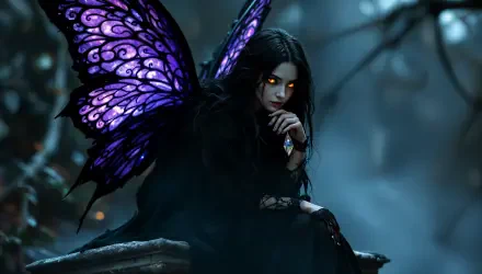A gothic fairy with striking purple butterfly wings sits thoughtfully among a misty forest, showcasing an enchanting blend of dark fantasy in this 4K Ultra HD wallpaper.