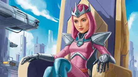 A sci-fi queen with pink hair and metallic armor sits confidently on a throne, surrounded by futuristic architecture and flying ships, captured in vibrant 4K Ultra HD detail.