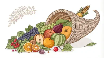 A vibrant cornucopia overflowing with fruits, including grapes, apples, oranges, and more, set against a clean background, creating a striking 4K Ultra HD desktop wallpaper.