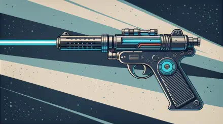 Futuristic weapon design featuring a sleek, detailed gun with a blue energy beam, set against a stylized background. 4K Ultra HD PC desktop wallpaper and background.