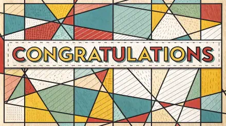 A vibrant 4K Ultra HD desktop wallpaper featuring the word CONGRATULATIONS surrounded by colorful geometric shapes and patterns.