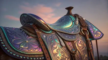 A beautifully crafted saddle with intricate patterns and vibrant colors, set against a soft sunset background, designed as a stunning 4K Ultra HD desktop wallpaper.