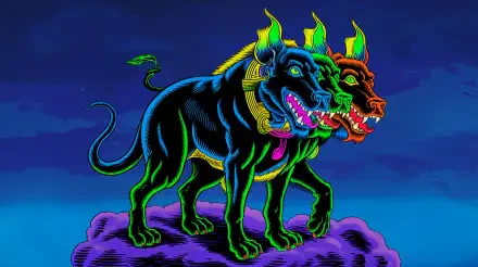 A vibrant 4K Ultra HD wallpaper featuring Cerberus, the three-headed dog, depicted with striking colors and mythical elements against a celestial background.
