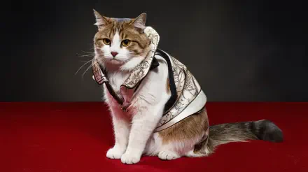 A stylish cat in a patterned vest sits on a red surface, set against a dark background. This image serves as a striking 4K Ultra HD PC desktop wallpaper.