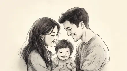 A joyful family illustration featuring a mother and father smiling at their laughing baby, captured in a 4K Ultra HD wallpaper, radiating warmth and happiness.